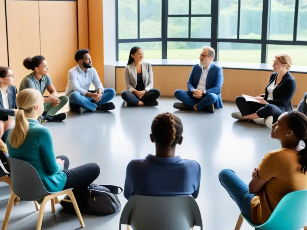 Un diálogo apasionado sobre derechos humanos en un aula moderna y luminosa