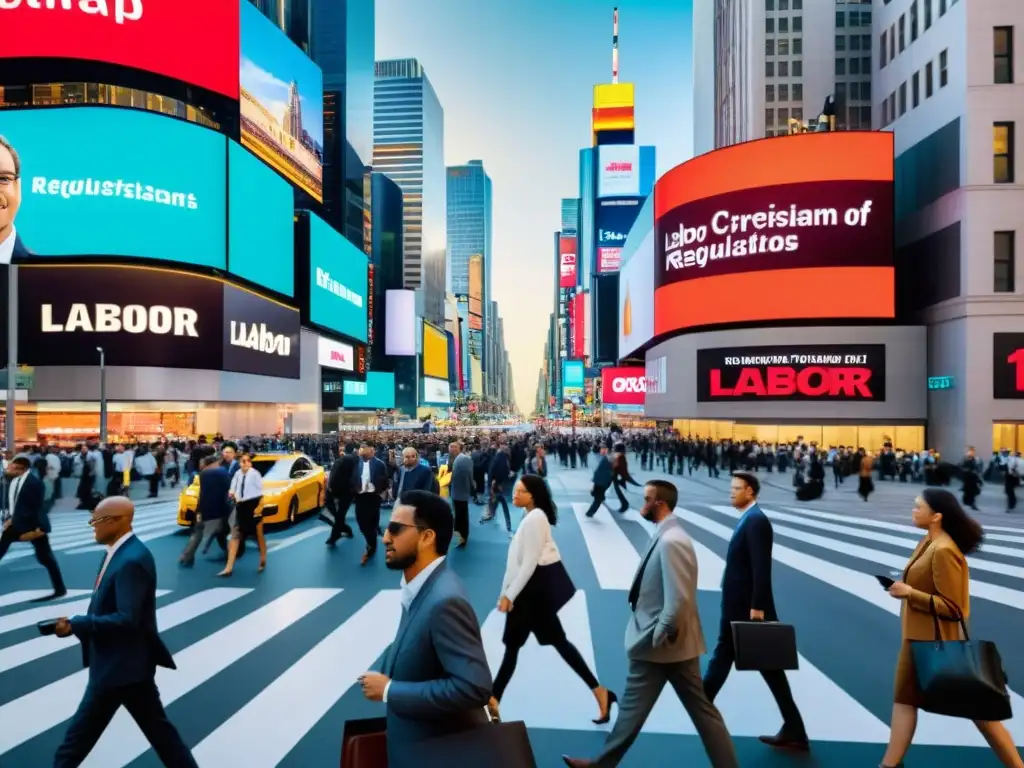 Transformación digital del derecho laboral: bulliciosa calle de la ciudad con profesionales y pantallas mostrando leyes laborales