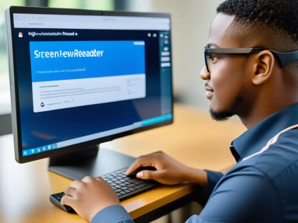 Inclusión digital para personas con discapacidad: Persona determinada usando software lector de pantalla, reflejando empoderamiento y acceso inclusivo