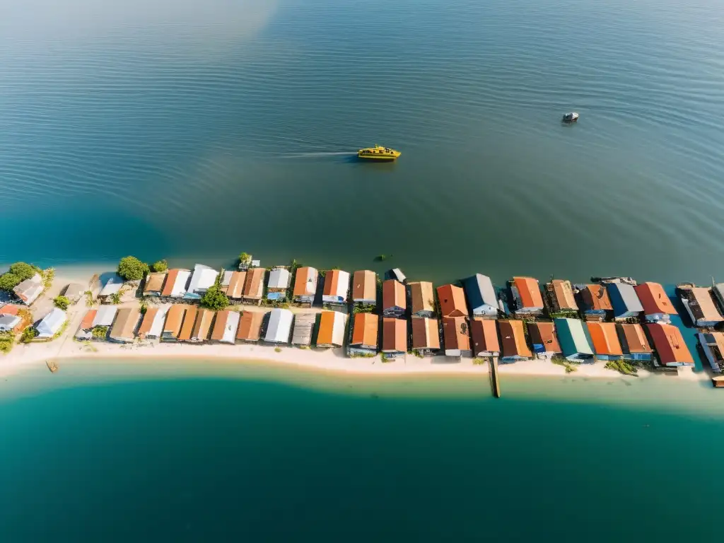 Dilapidada comunidad costera sumergida por el aumento del nivel del mar, con personas navegando en botes