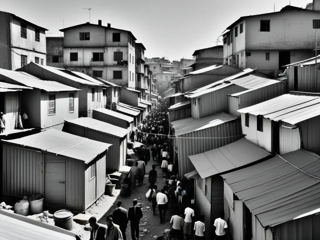 Dilapidadas viviendas en un abarrotado barrio urbano transmiten la urgencia del Derecho a una vivienda digna