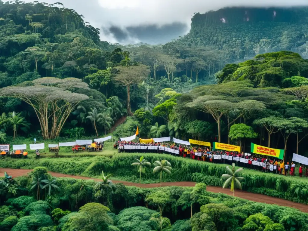 Dilema de recursos naturales y conflictos: protesta en la exuberante selva tropical contra la maquinaria industrial que amenaza su belleza natural