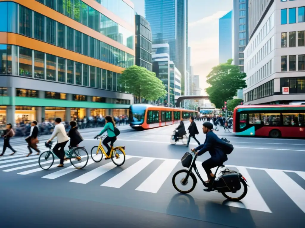 Dinámica calle urbana con diversidad de transporte, reflejando el derecho a desplazarse en la ciudad