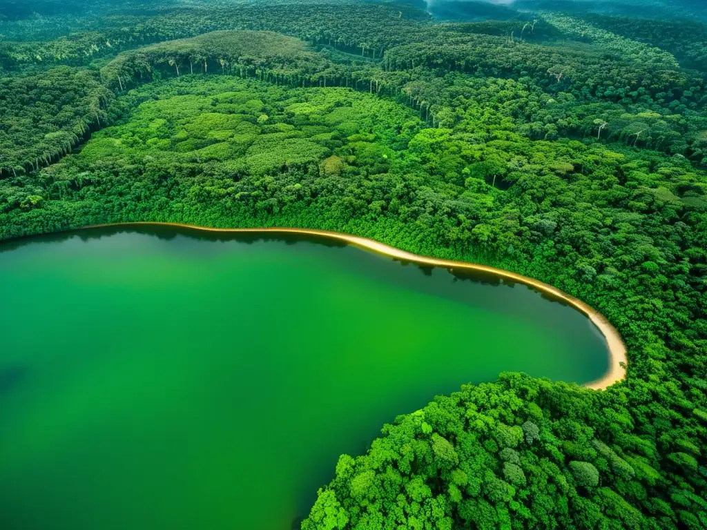 Diplomacia de los Árboles y Deforestación: Una exuberante selva amazónica con un río serpenteante y un mosaico de verdes bajo la luz filtrada