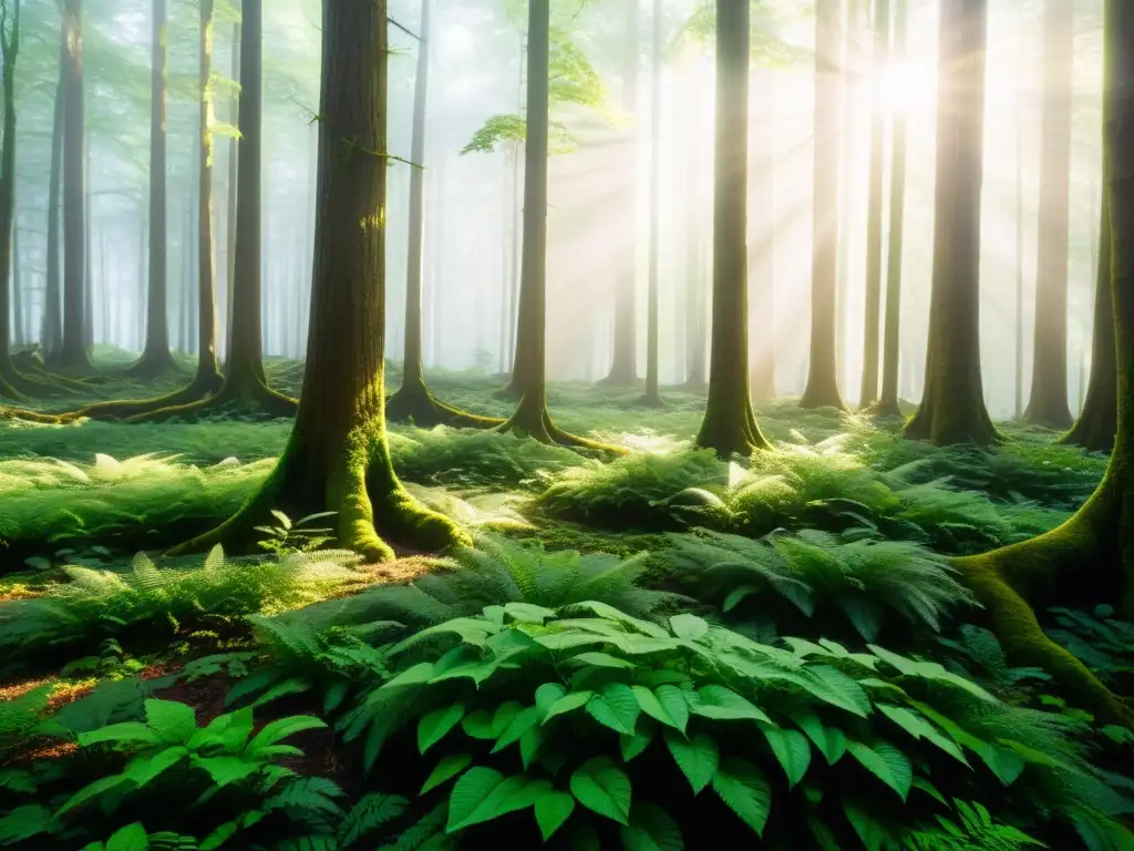 Diplomacia de los Árboles y Deforestación: Majestuoso bosque con árboles frondosos, luz solar filtrándose entre las hojas y un ambiente etéreo