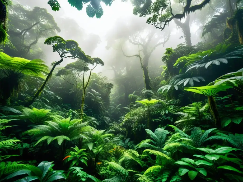 Diplomacia de los Árboles y Deforestación: Majestuoso bosque tropical con exuberante vegetación, aves coloridas y atmósfera etérea