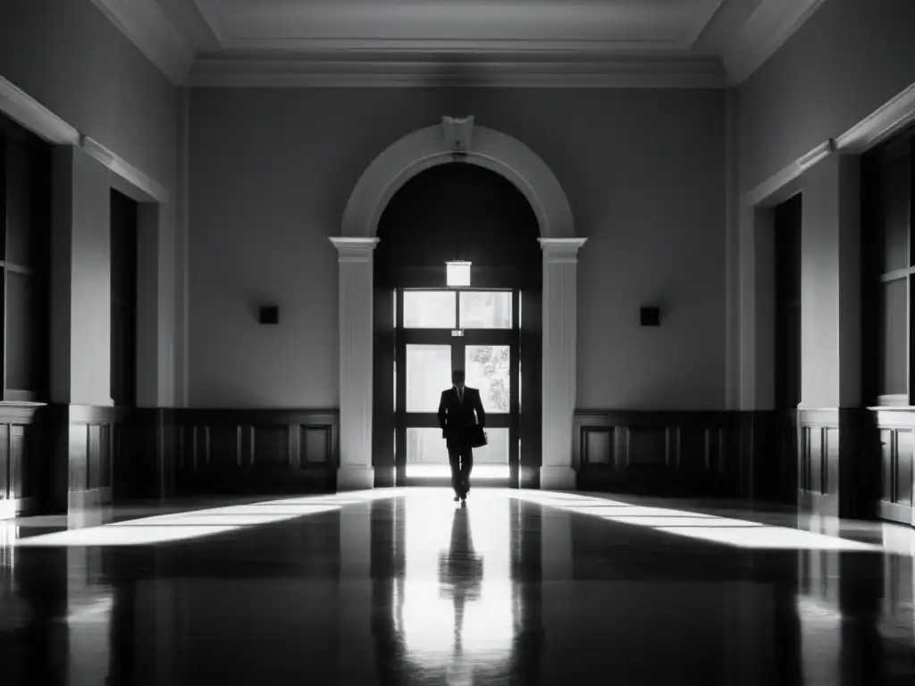 Diplomacia del silencio con regímenes autoritarios: Fotografía en blanco y negro de un imponente edificio gubernamental desierto, con puertas y ventanas cerradas, proyectando largas sombras en la penumbra