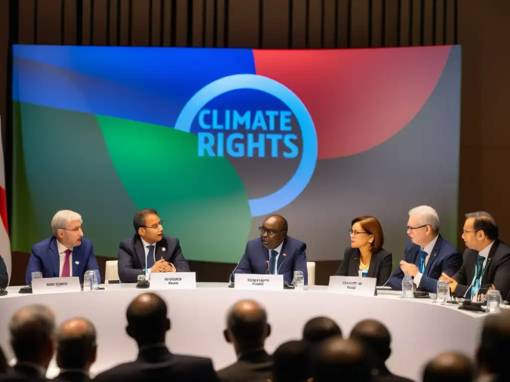 Diplomáticos de diferentes países negocian en una conferencia climática, con expresiones tensas y gestos animados, rodeados de banderas nacionales