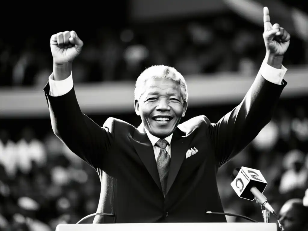 Nelson Mandela en un discurso apasionado, puño en alto, rodeado de una multitud diversa y una bandera sudafricana