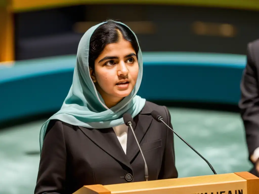 Malala Yousafzai entrega un discurso poderoso en la ONU, rodeada de líderes y activistas, destacando la importancia de los discursos juveniles en la lucha por los derechos humanos