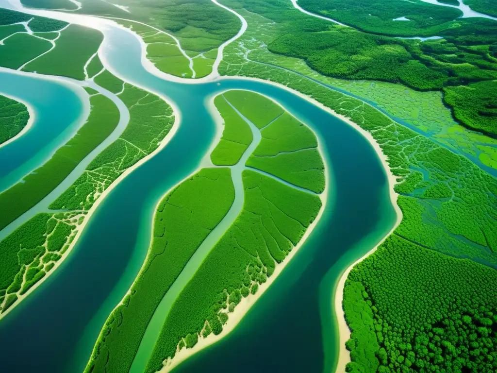 Distribución de recursos hídricos globales: impresionante vista aérea de un delta fluvial con intrincadas vías acuáticas y exuberante vegetación verde