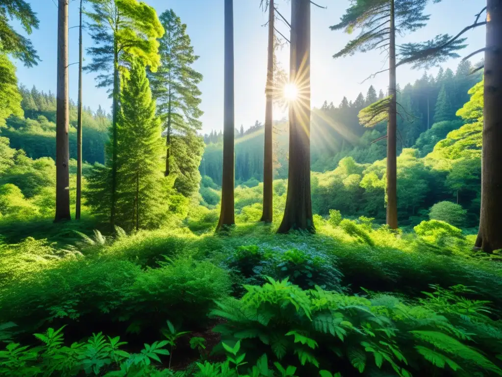 Diversa vegetación y árboles verdes en un bosque, iluminado por el sol