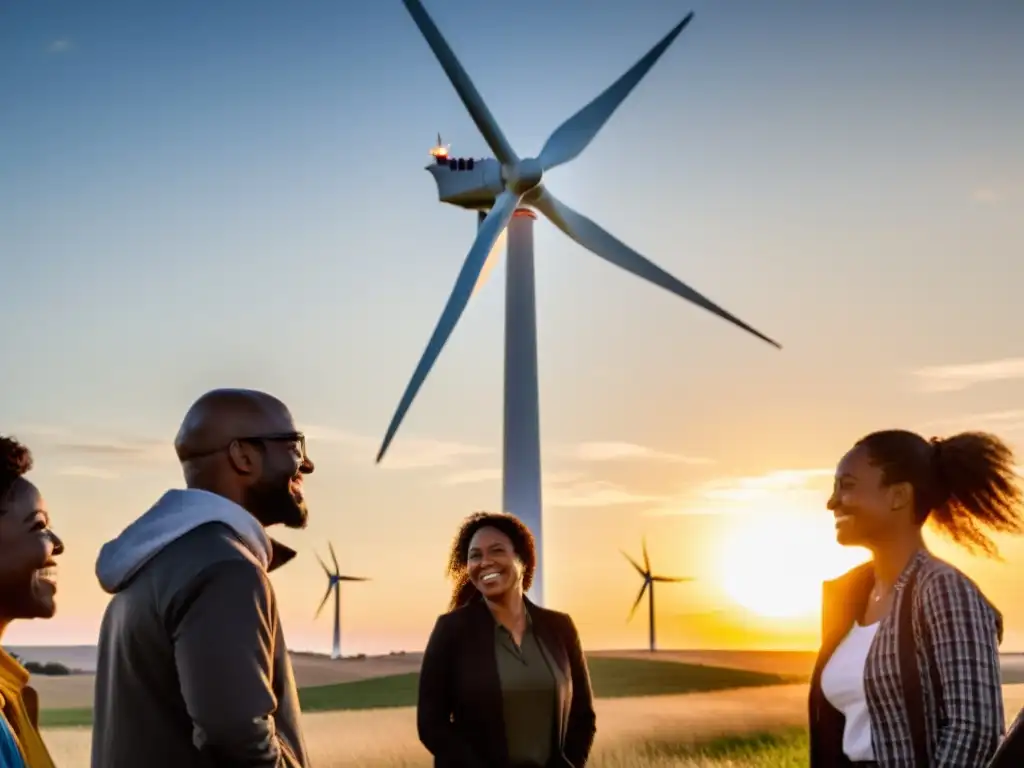 Diversa comunidad frente a un molino eólico al atardecer, mostrando colaboración y empoderamiento en la transición energética y los derechos humanos