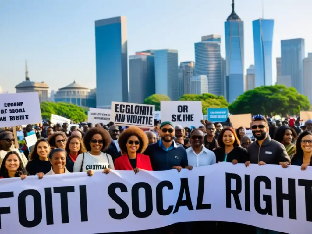 Diversa manifestación global por Derechos humanos globales incumplidos, con pancartas multilingües frente al horizonte urbano