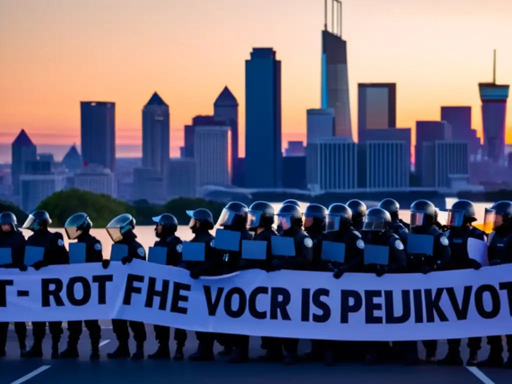 Diversa multitud desafiante enfrenta a la policía antidisturbios al atardecer en la ciudad