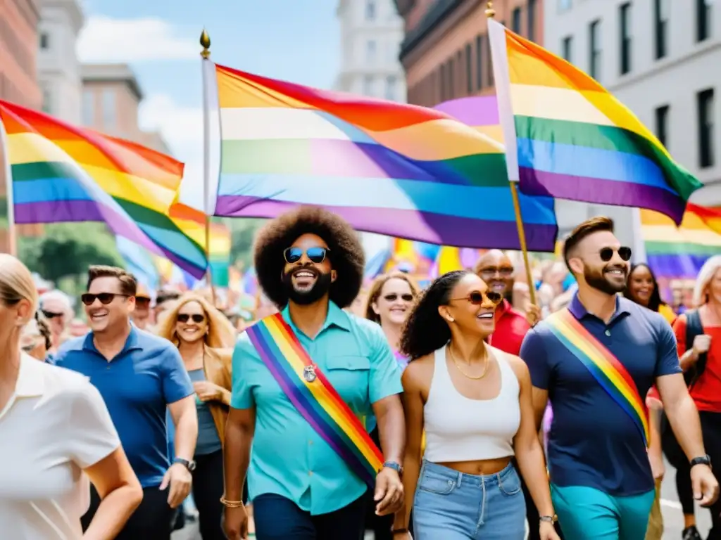 Diversa multitud marchando en un desfile del Orgullo, ondeando banderas arcoíris y carteles, en apoyo a los derechos humanos LGBTIQ+ a nivel mundial