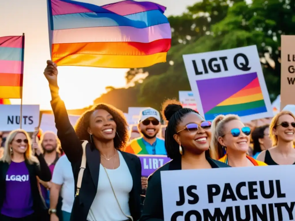 Diversa protesta por derechos humanos LGTBIQ+ con mensajes de apoyo y banderas de colores ondeando al atardecer, creando atmósfera de esperanza y libertad de expresión
