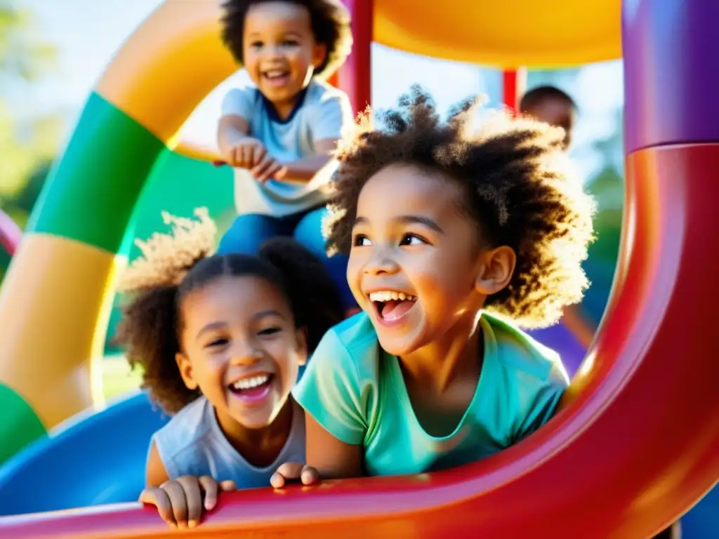 Diversidad y alegría en un parque infantil, reflejando el cumplimiento de la Convención de los Derechos del Niño