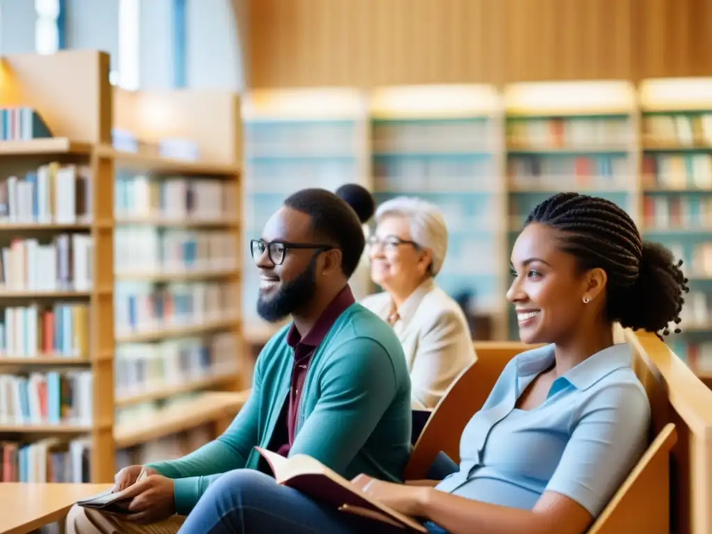 Diversidad en una biblioteca: gente de distintas edades y etnias usando Internet para distintos propósitos, transmitiendo conexión y empoderamiento