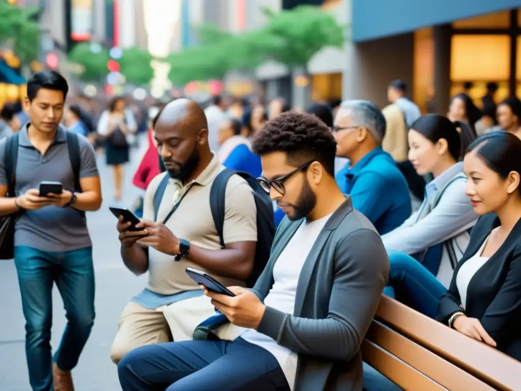 Diversidad en la ciudad: personas usando dispositivos electrónicos en la calle, resaltando la importancia de los derechos humanos acceso a Internet