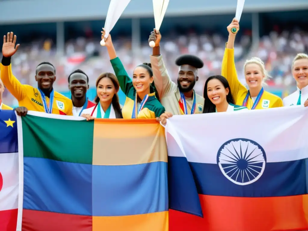 Diversidad cultural en competiciones internacionales: Atletas de diferentes países, vestidos con trajes tradicionales, celebrando la diversidad en la ceremonia de inauguración con una gran multitud animada de fondo