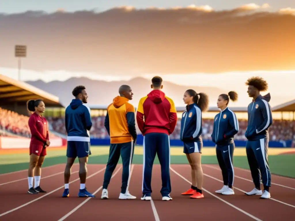 Diversidad cultural en equipos deportivos: Atletas de distintas culturas estirando juntos en pista al atardecer