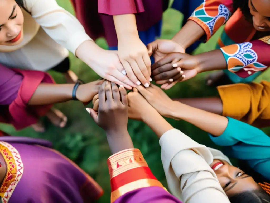 Diversidad cultural en movimientos feministas: mujeres de distintos orígenes unidas en solidaridad, con expresiones poderosas y vestimenta tradicional