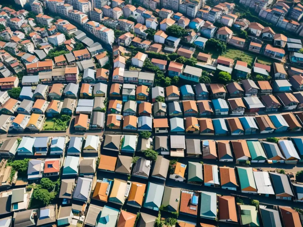 Diversidad de estructuras de vivienda en un área urbana, reflejando desafíos globales del Derecho a una vivienda digna