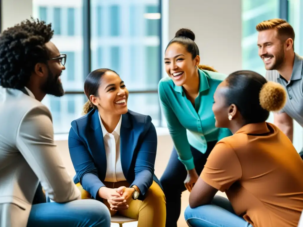 Representación de diversidad e inclusión corporativa, empleados participando en actividad grupal en oficina moderna