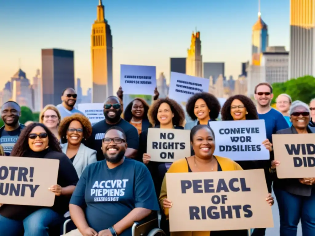 Diversidad en protesta pacífica por los derechos humanos de personas con discapacidad, reflejando su determinación y unidad, con impacto global