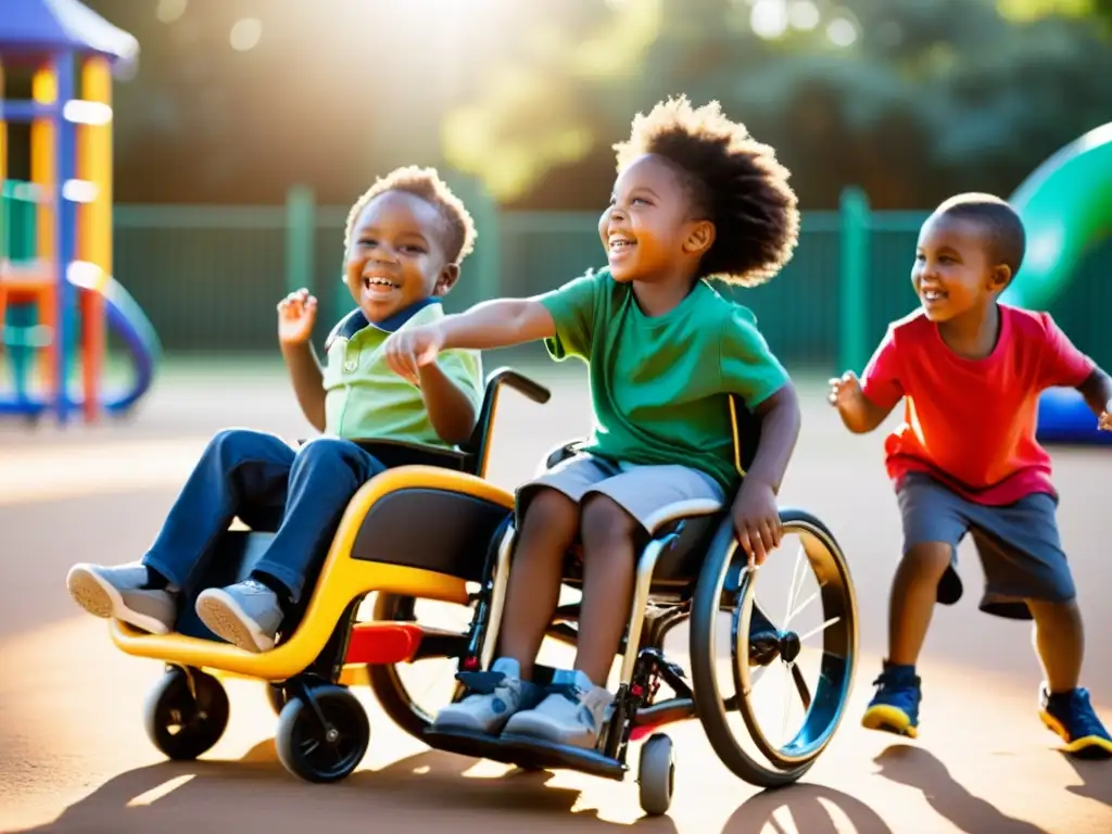 Diversión inclusiva en el parque: niños con discapacidad disfrutan juntos, mostrando los derechos de los niños con discapacidad