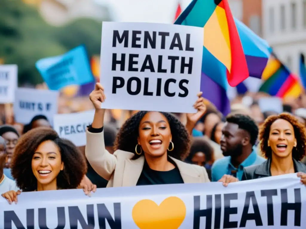 Diverso grupo en manifestación pacífica por políticas de salud mental derechos humanos, con pancartas coloridas y banderas ondeando