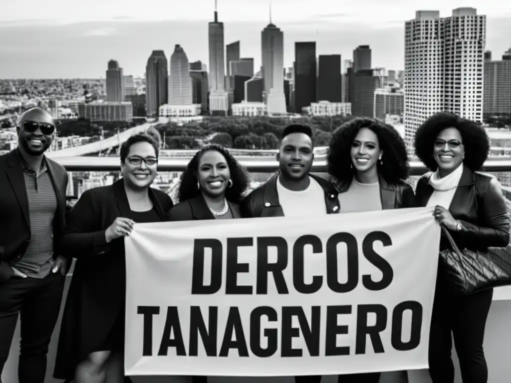 Diverso grupo de personas transgénero sostiene un cartel 'Derechos para la población transgénero' en una imagen en blanco y negro que refleja determinación y lucha urbana