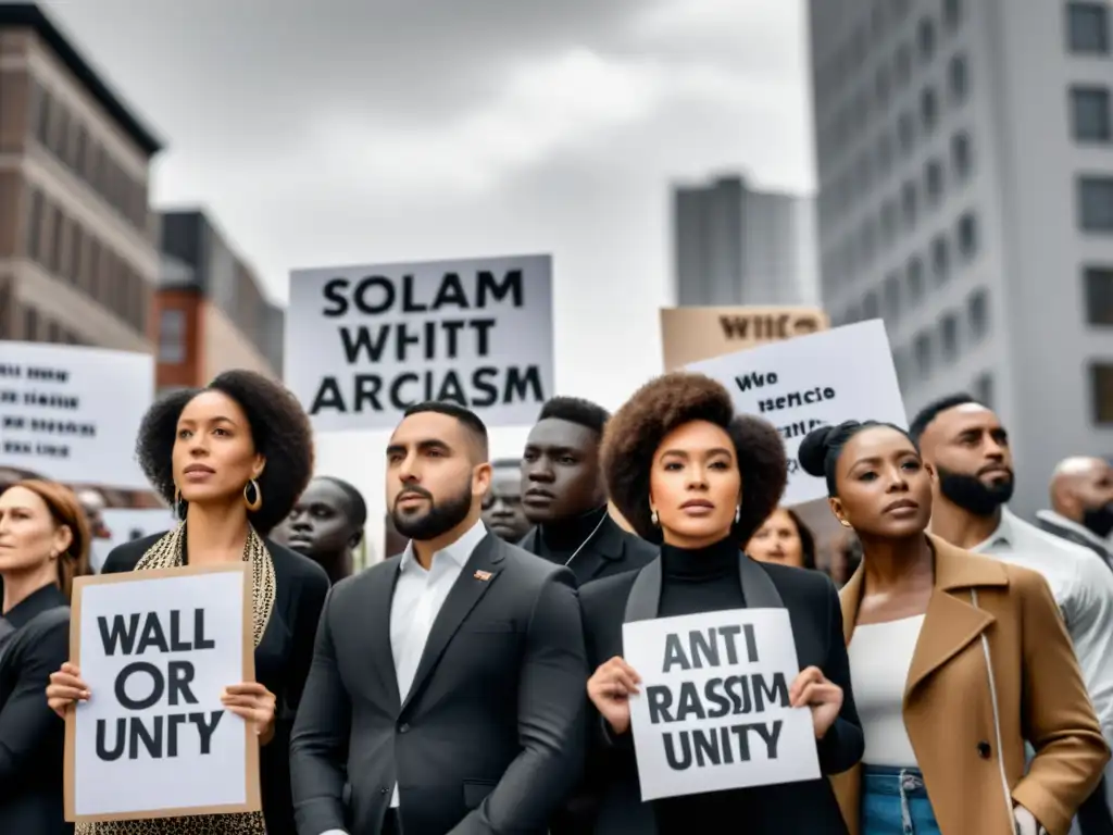 Diverso grupo de personas unidas en la lucha contra el racismo, sosteniendo carteles con mensajes antirracistas en la ciudad