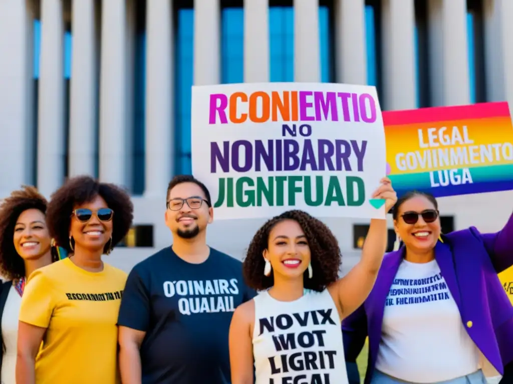 Diverso grupo aboga por reconocimiento identidades no binarias en legislación, con carteles coloridos frente a edificio gubernamental