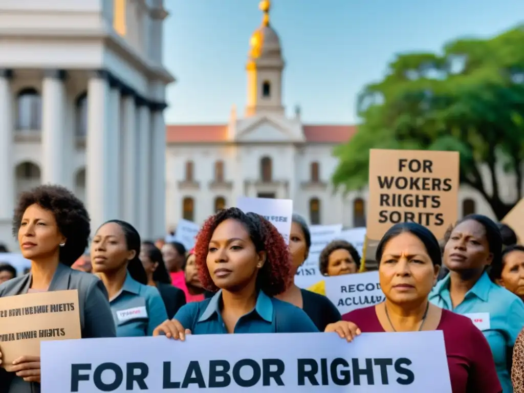 Diverso grupo de trabajadores domésticos en protesta pacífica por el reconocimiento de sus derechos laborales en la ciudad