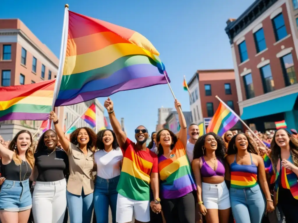 Diverso grupo LGBTIQ+ unido en desfile de orgullo, expresando alegría y lucha por los derechos humanos LGBTIQ+ a nivel mundial