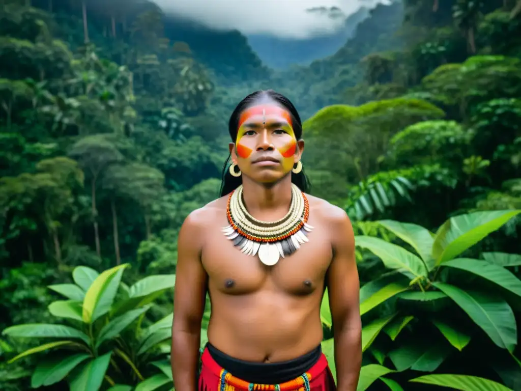 Una fotografía documental de una comunidad indígena en ritual, con vestimenta tradicional, rodeada de selva biodiversa