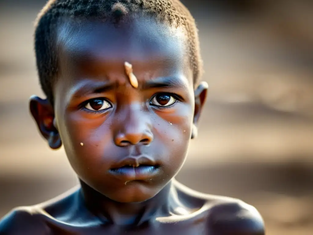 Dolorosa imagen de un niño desnutrido con mirada de desesperanza en un entorno desolado