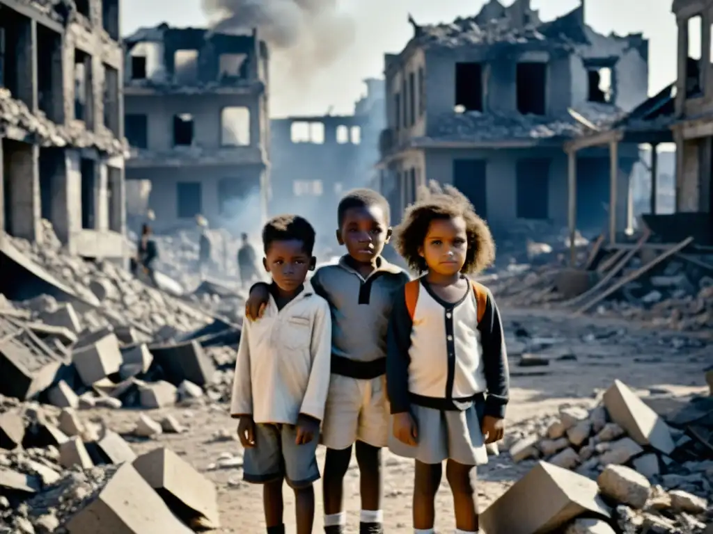 Dramática imagen en blanco y negro de niños en un escenario de guerra