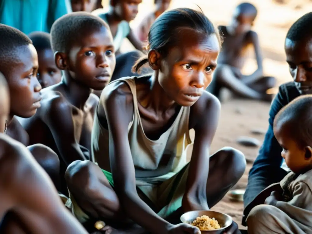 Dramática imagen documental de un niño desnutrido en un entorno empobrecido, destacando la urgencia en los derechos humanos en desnutrición global