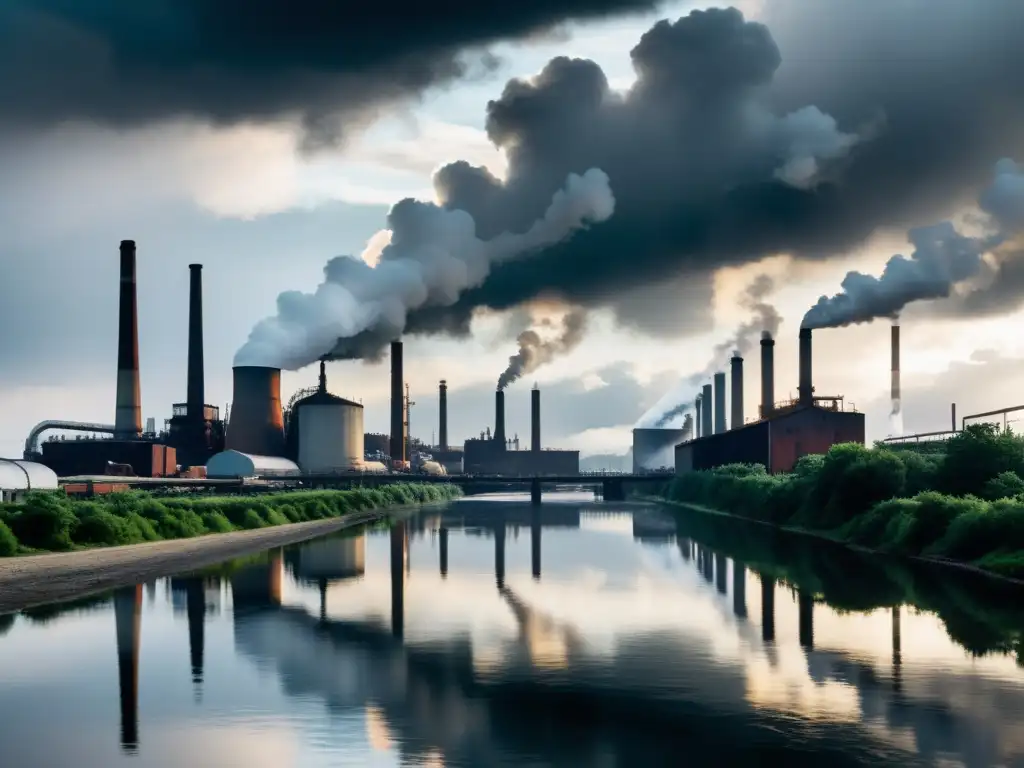 Dramática imagen industrial con humo denso y río contaminado, impacto en derechos humanos y huella hídrica