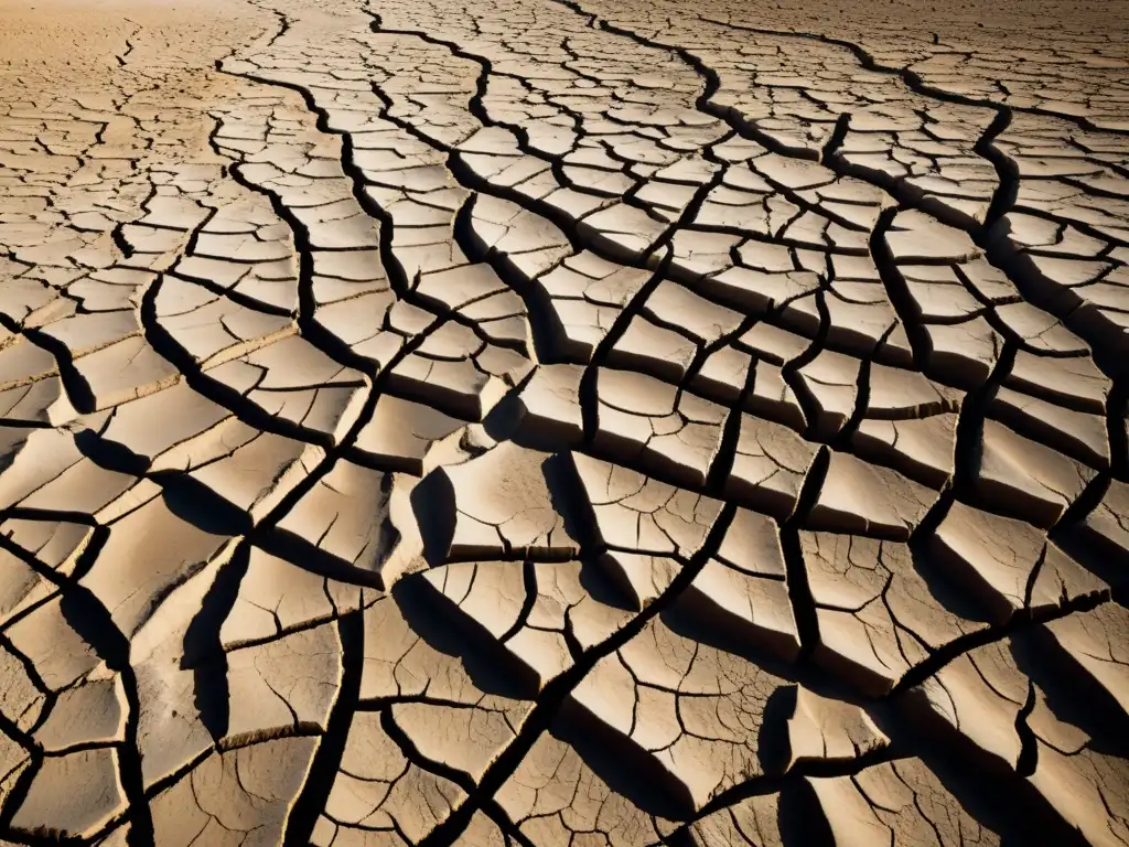 Dramática sequía en un lecho de río agrietado por el sol, resalta la urgencia de abordar la huella hídrica en la industria y los derechos humanos