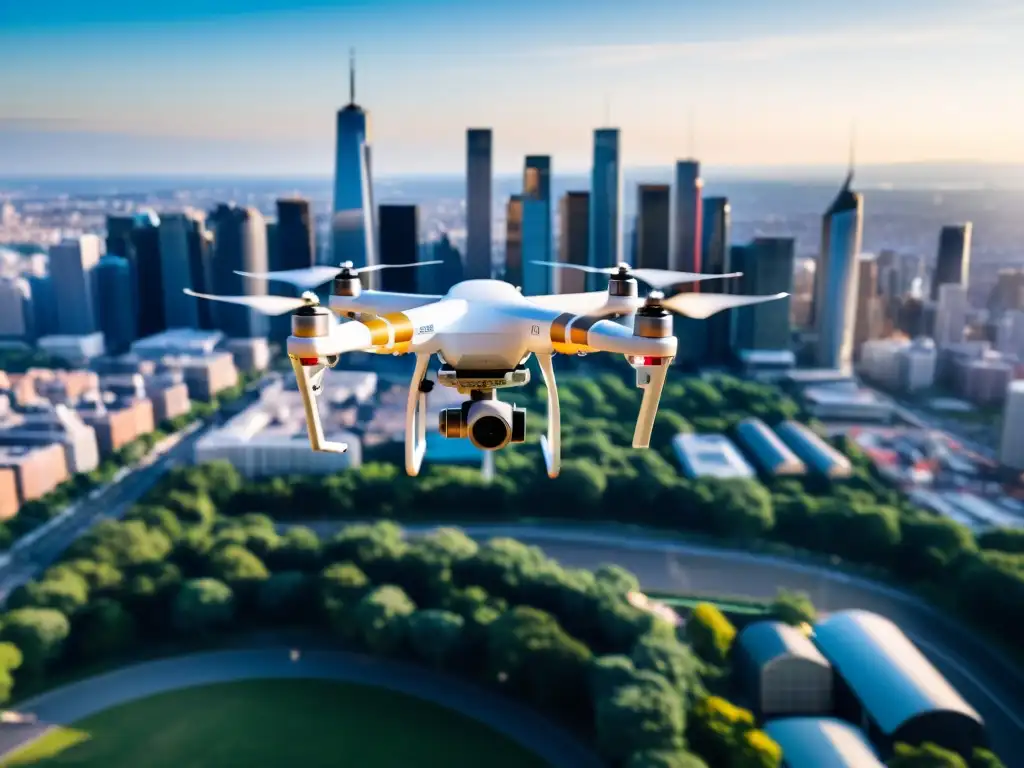 Drone sobre la ciudad: tecnología moderna y vida cotidiana Un drone moderno sobrevuela el bullicio de la ciudad, mostrando el impacto en los derechos humanos