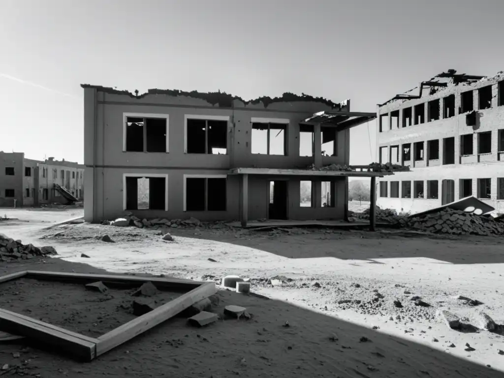 Un edificio escolar dañado por la guerra, con escombros esparcidos y un patio abandonado