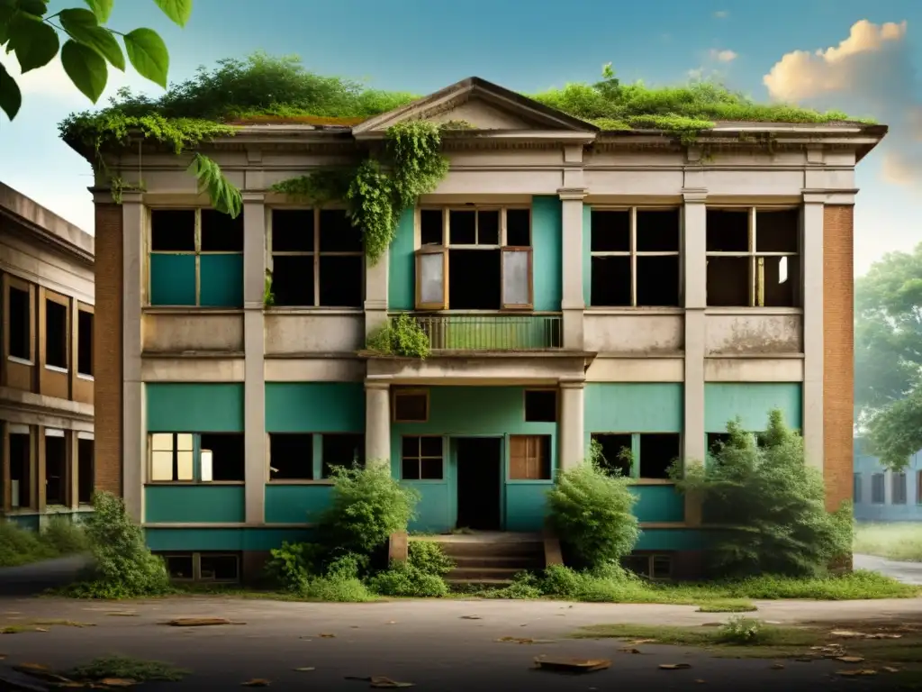 Edificio escolar en estado de abandono, con ventanas rotas y vegetación creciendo