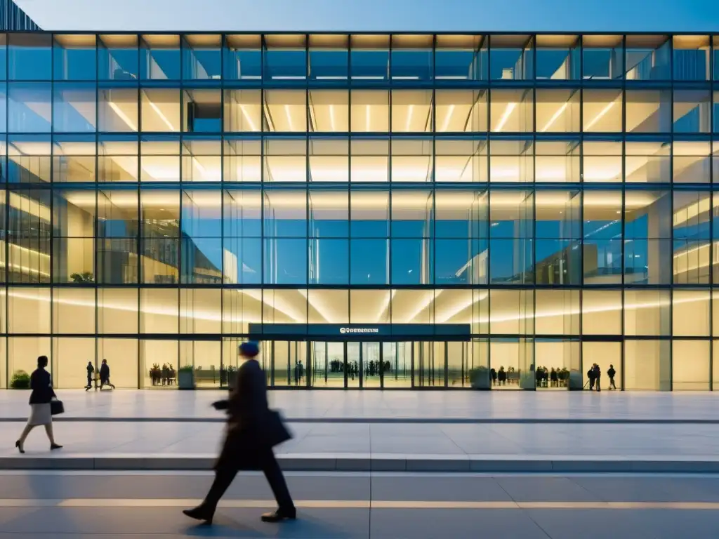 Edificio gubernamental con transparencia arquitectónica y vigilancia sutil, reflejando la interacción ciudadana