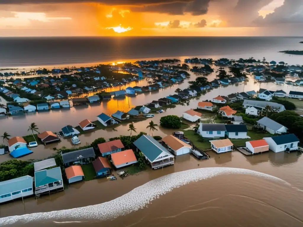 Efecto de la crisis climática en los derechos humanos: Comunidad costera bajo el agua al atardecer, personas evacuando y salvando pertenencias