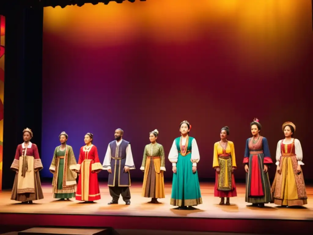 Un emocionante escenario teatral con actores diversos y coloridos, representando tradiciones culturales