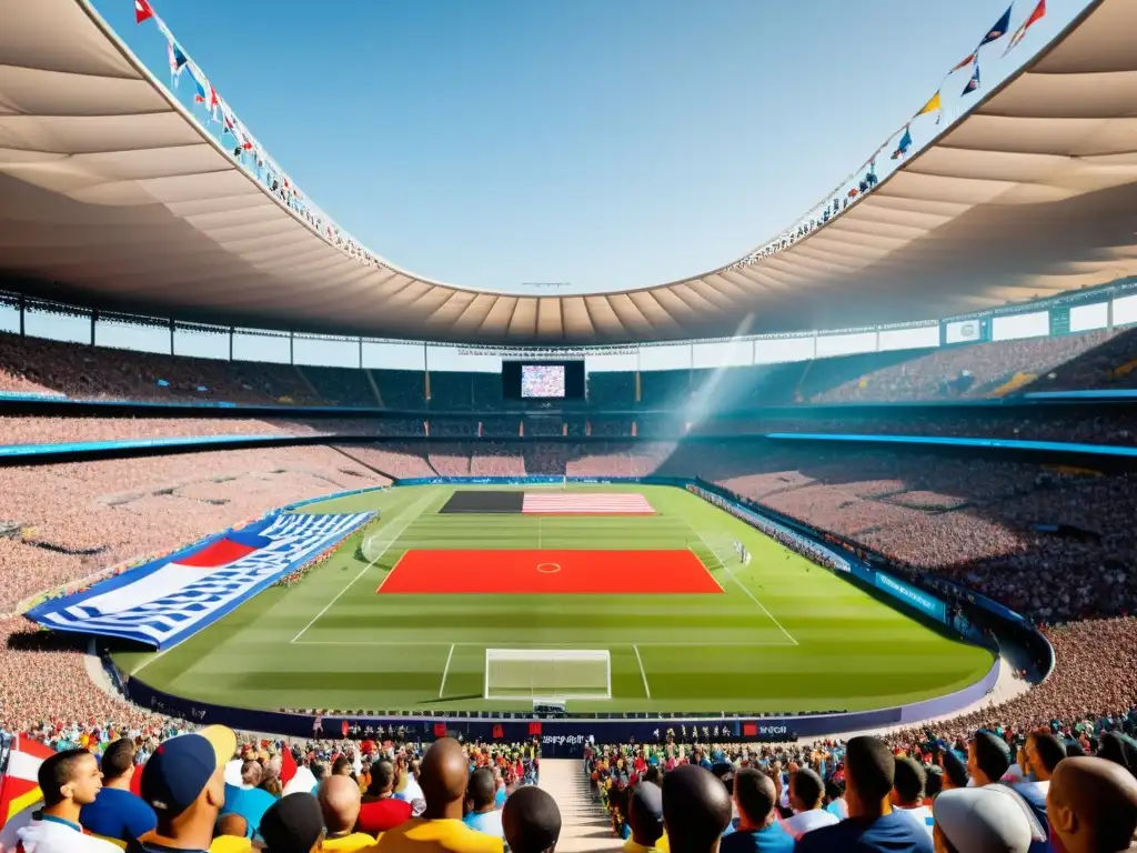 Emocionante estadio lleno durante evento deportivo internacional, reflejando el impacto de la globalización, diversidad y derechos humanos